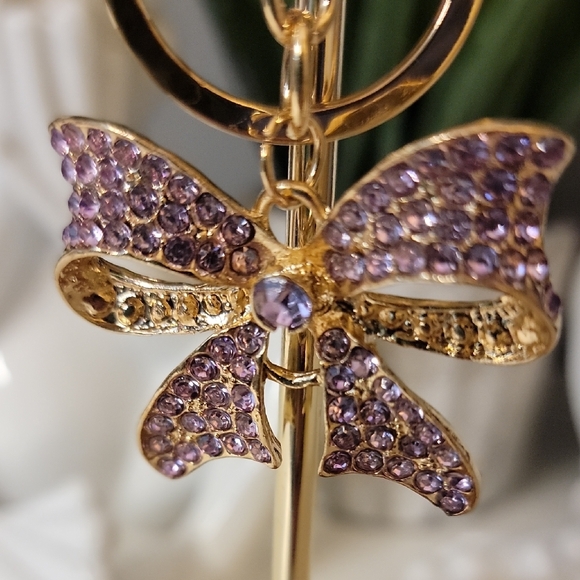 Purple Gold Bow Keychain Bag charm Rhinestone - Picture 9 of 10